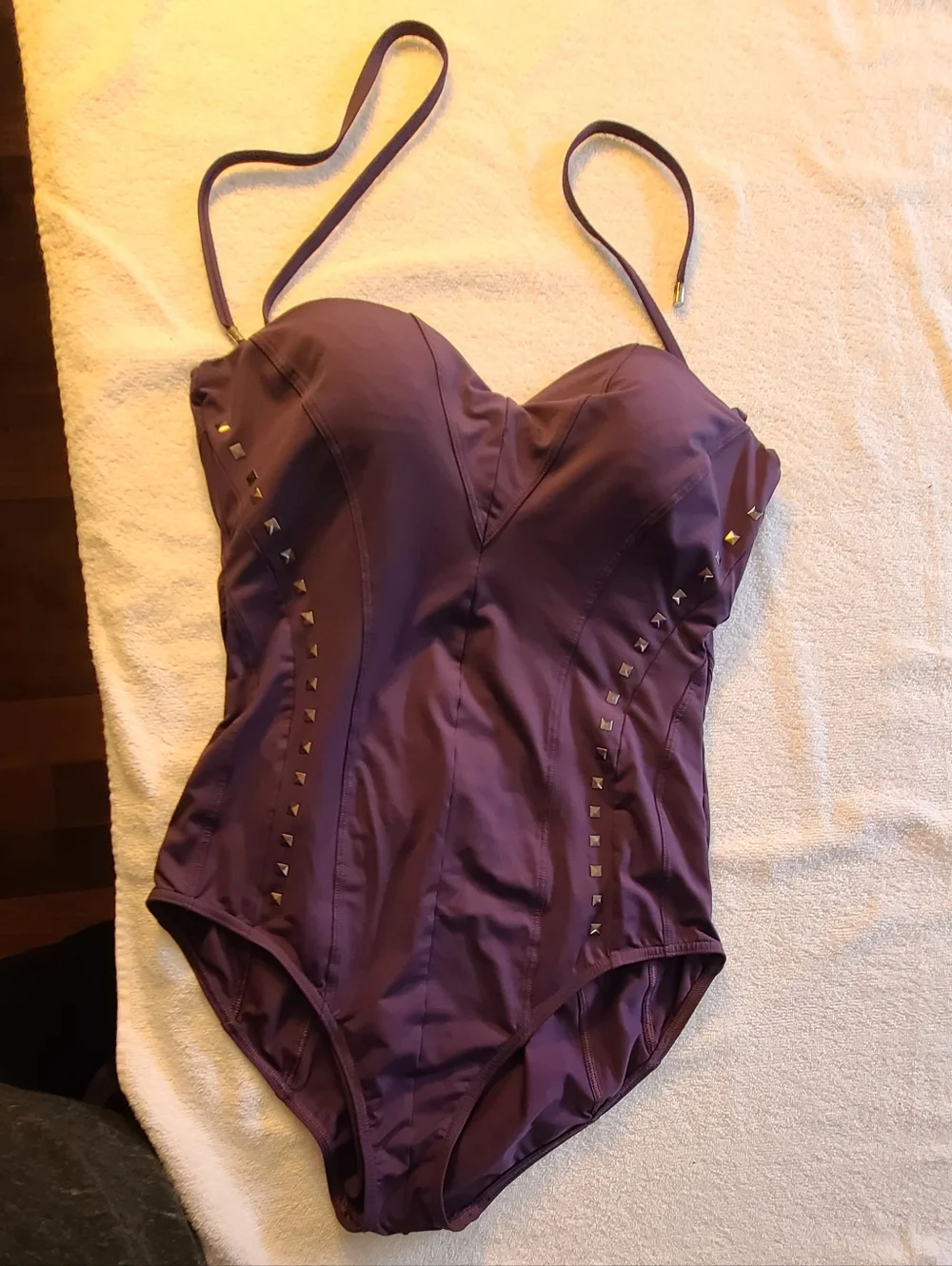 Calvin Klein Studded One Piece Swimsuit Purple Size 12 Underwire B/C Cups - Picture 2 of 12